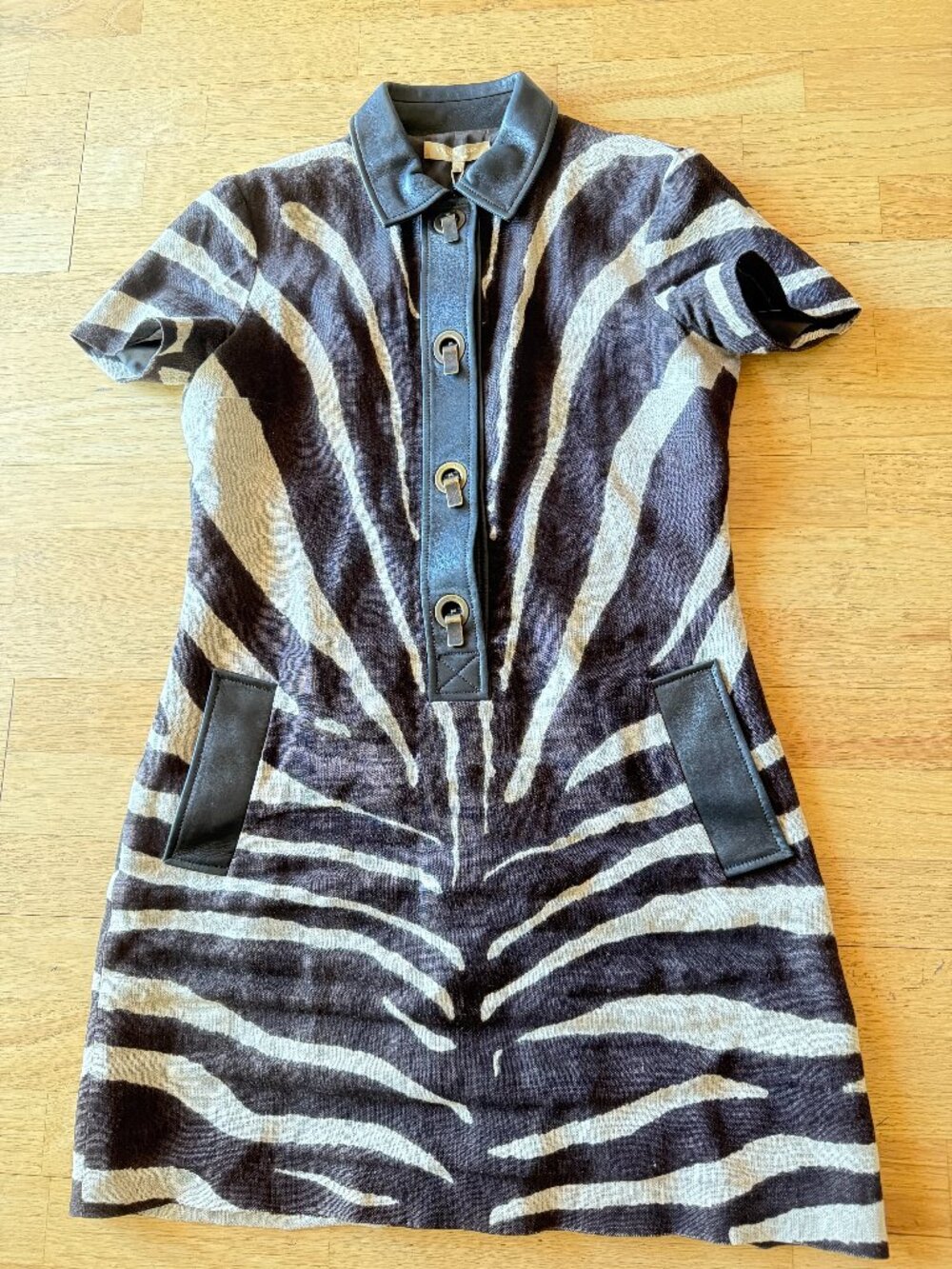 MICHAEL KORS COLLECTION ZEBRA LINEN DRESS LEATHER TRIM MADE IN ITALY SZ 8 AS IS